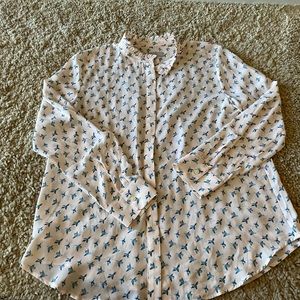Fun and Flirty Peach Button Up Blouse with Blue Birds